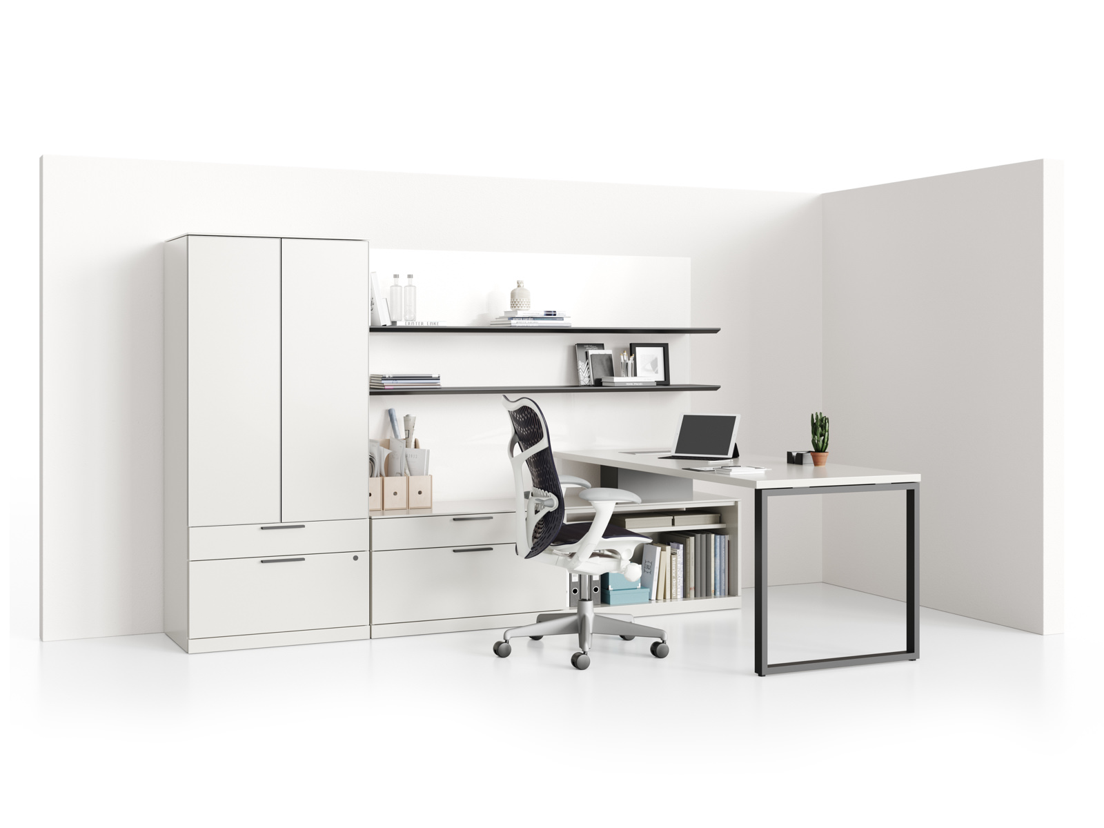 A Canvas Private Office with a white peninsula surface, white storage components, two aluminum floating shelves, and a black Mirra 2 office chair.