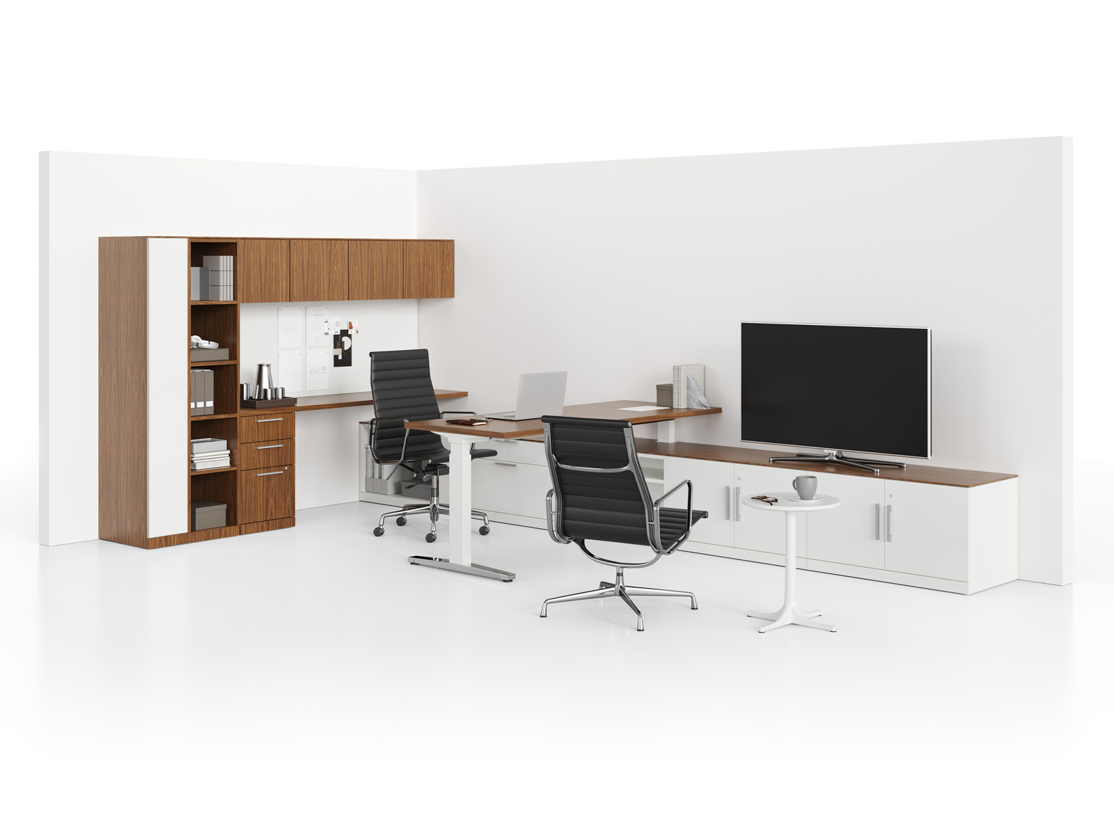 A Renew Sit-to-Stand Table placed perpendicular to a Canvas Private Office credenza, with overhead and vertical storage along the back wall.