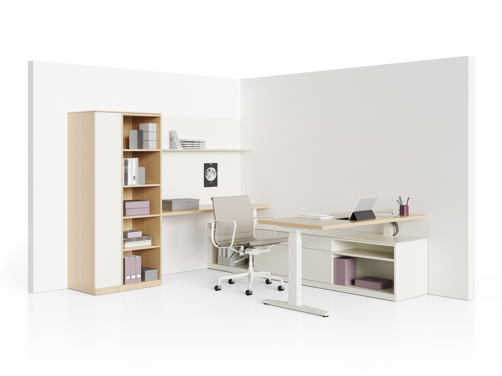 A Renew Sit-to-Stand Table placed perpendicular to a Canvas Private Office credenza, with a storage tower and shelves along the back wall.