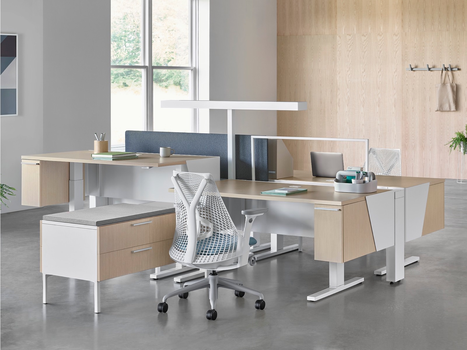 Canvas Vista benching application in the foreground and Canvas Vista desking application in the background, both with white and blue Sayl chairs.