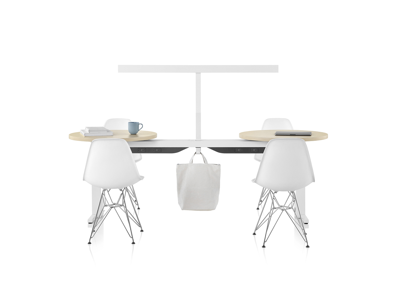 White and light brown Canvas Vista cafe setting with white t-shaped light and white chairs.