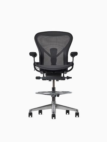 Front view of an Aeron ESD Stool with a granite frame and suspension and polished base.