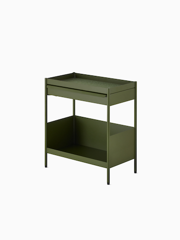 Green, individual OE1 Storage Trolley with glides, viewed from an angle.