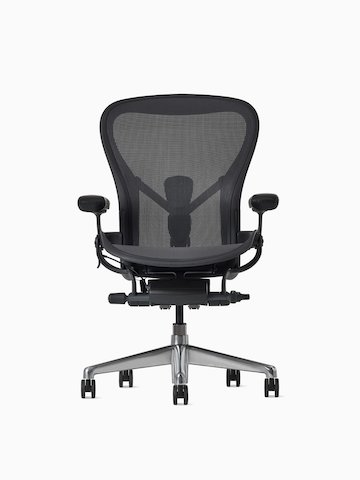 Front view of an Aeron ESD Chair in size B, granite frame and suspension, and polished base.