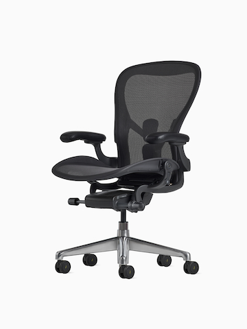 Front-angle view of an Aeron ESD Chair in size B, granite frame and suspension, and polished base.