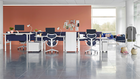 An open benching setup with height-adjustable Atlas Office Landscape desks at different heights and blue Mirra 2 office chairs.