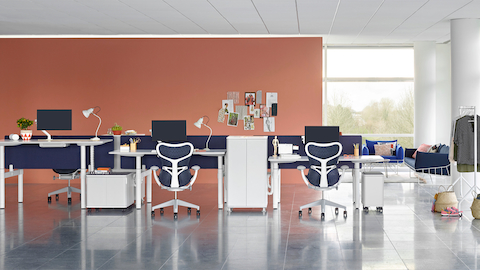 An open benching setup with height-adjustable Atlas Office Landscape desks at different heights and blue Mirra 2 office chairs.