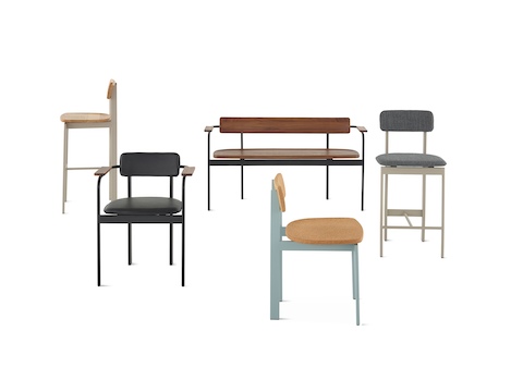 The Betwixt seating family in different finishes, featuring the side chair, stool, and bench. 