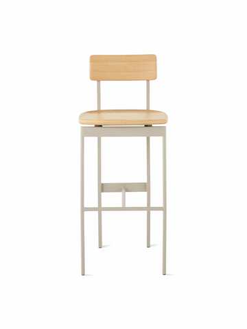A bar height Betwixt Stool with an oak seat and backrest with a grey frame.