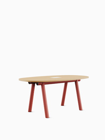 Counter height Boa Table with oak on ash oval top and canyon base. Select to go to the Boa Table product page.