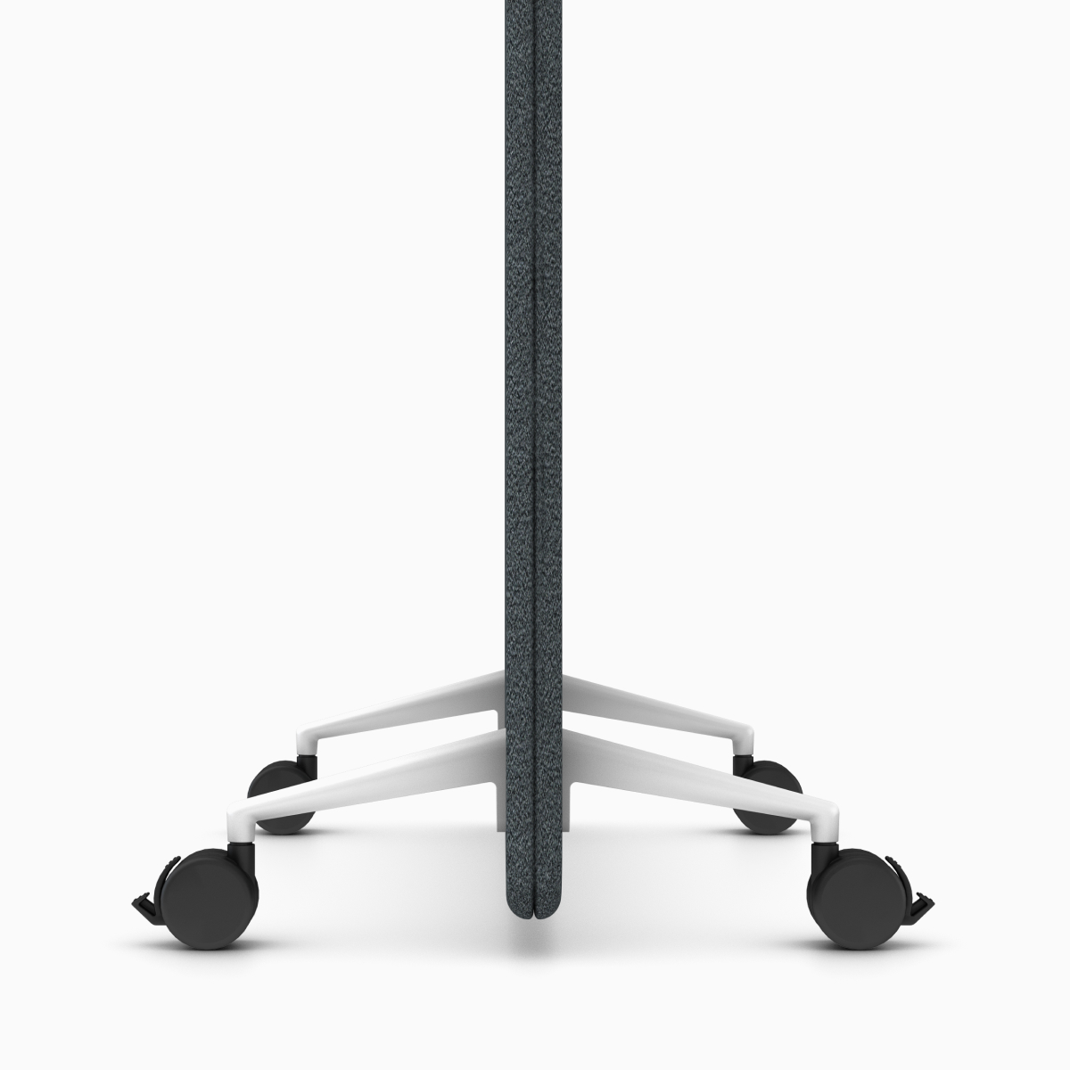 Detail of a dark grey Bound Mobile Screen with white base and black castors, viewed from the side.