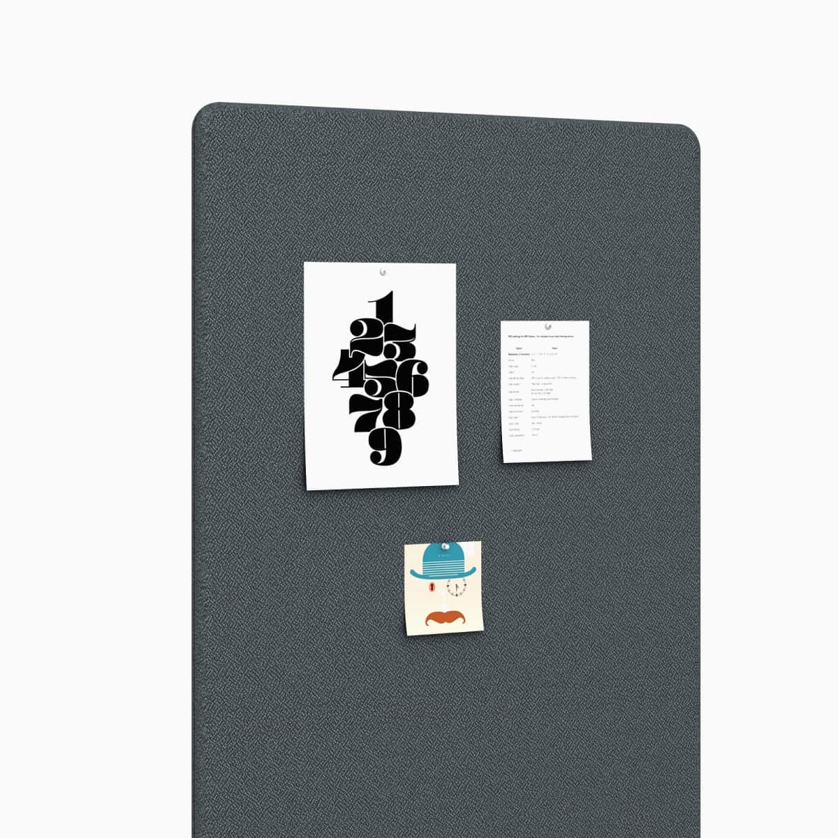 Detail of a dark grey Bound Mobile Screen with materials tacked up, viewed from an angle.