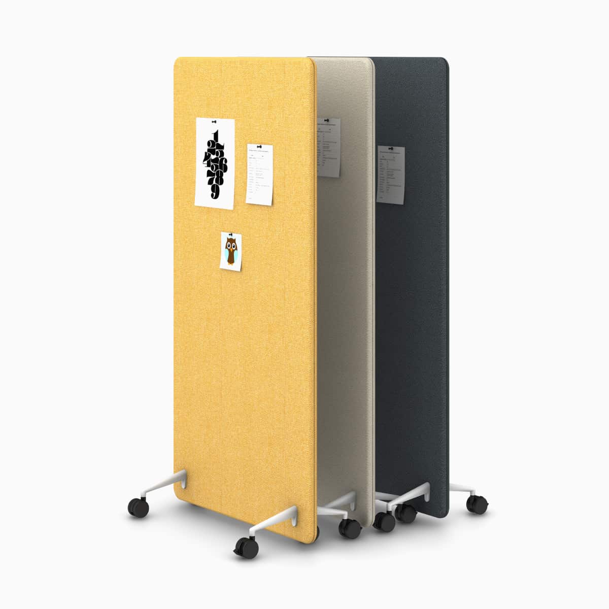 Yellow, light grey and dark grey Bound Mobile Screens nesting together.