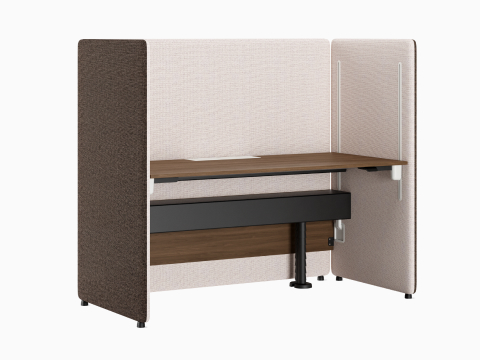 Angled view of brown and cream Bound Sit-Stand Booth.