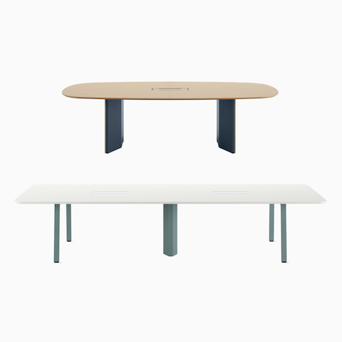 Boat-shaped Byne Meeting Table with Bow Legs image shown above a rectangular-shaped Byne Meeting Table with Optimis Legs.