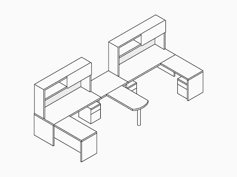 A line drawing of two Canvas Metal Desks with upper storage and a shared peninsula surface. Select to go to the Canvas Metal Desk specs page.