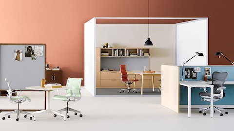 A variety of workplace settings including a private office, meeting space, and individual workstation, all using Canvas Office Landscape.