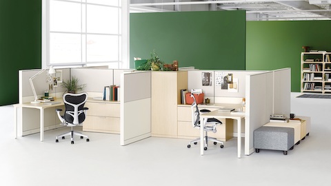 Canvas Wall application with wood veneer covered storage and blue Mirra 2 Chairs.