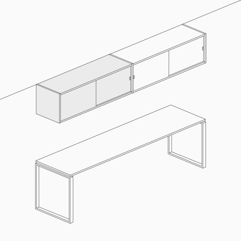 A line drawing of overhead storage as an open unit, separate from a lower unit or work surface.