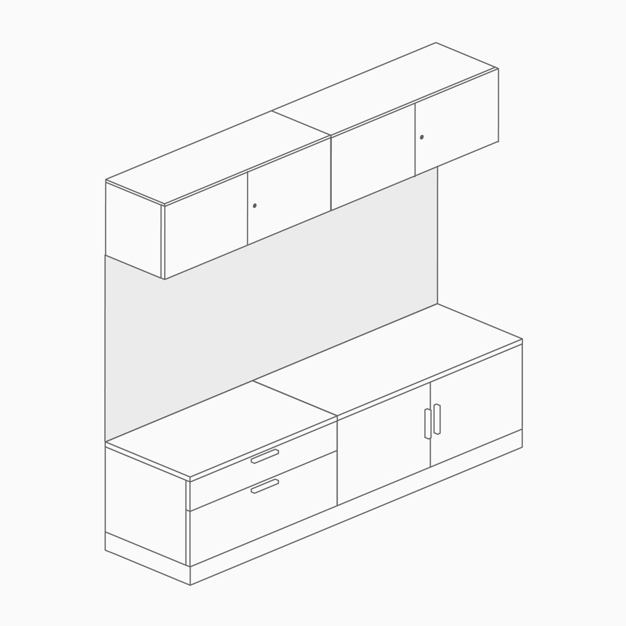 A line drawing of a back panel connecting overhead storage and lower storage.