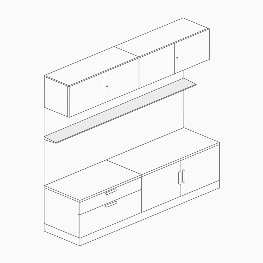 A line drawing of a floating shelf on a back panel between overhead storage and lower storage.