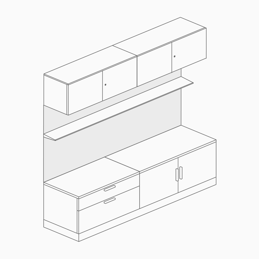A line drawing of a fabric-covered work wall back panel connecting overhead storage and lower storage.