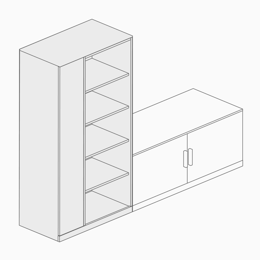 A line drawing of a freestanding storage tower and lower credenza.