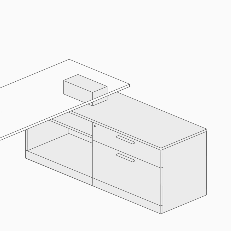 A line drawing of power access in a work surface attached to lower storage.
