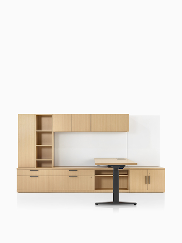 A Canvas Private Office with wood storage and a height-adjustable desk.