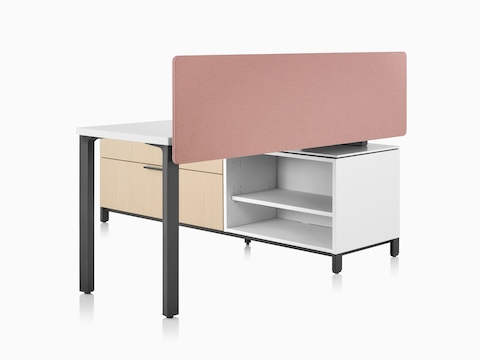 A Canvas Storage workstation with a white surface, pink screen, and graphite legs.