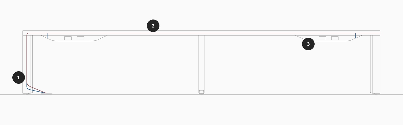 A line drawing showing how power and data enters, routes through, and is accessed in the Canvas Vista chase.
