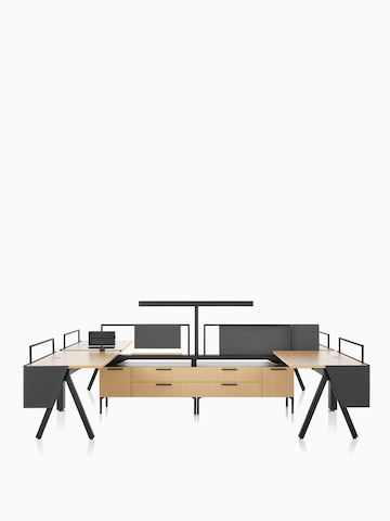 A Canvas Vista workstation with a-shaped legs, and modesty screens.