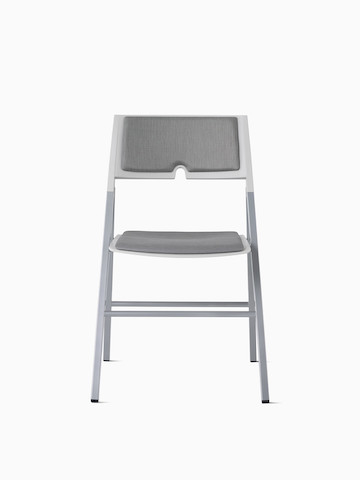 Front view of an Axa Folding Chair with an upholstered seat and back in gray and silver frame and legs.