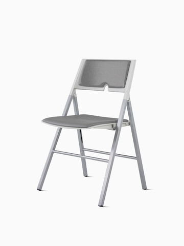 Angled front view of an Axa Folding Chair with an upholstered back and seat in gray and silver metal frame and legs.
