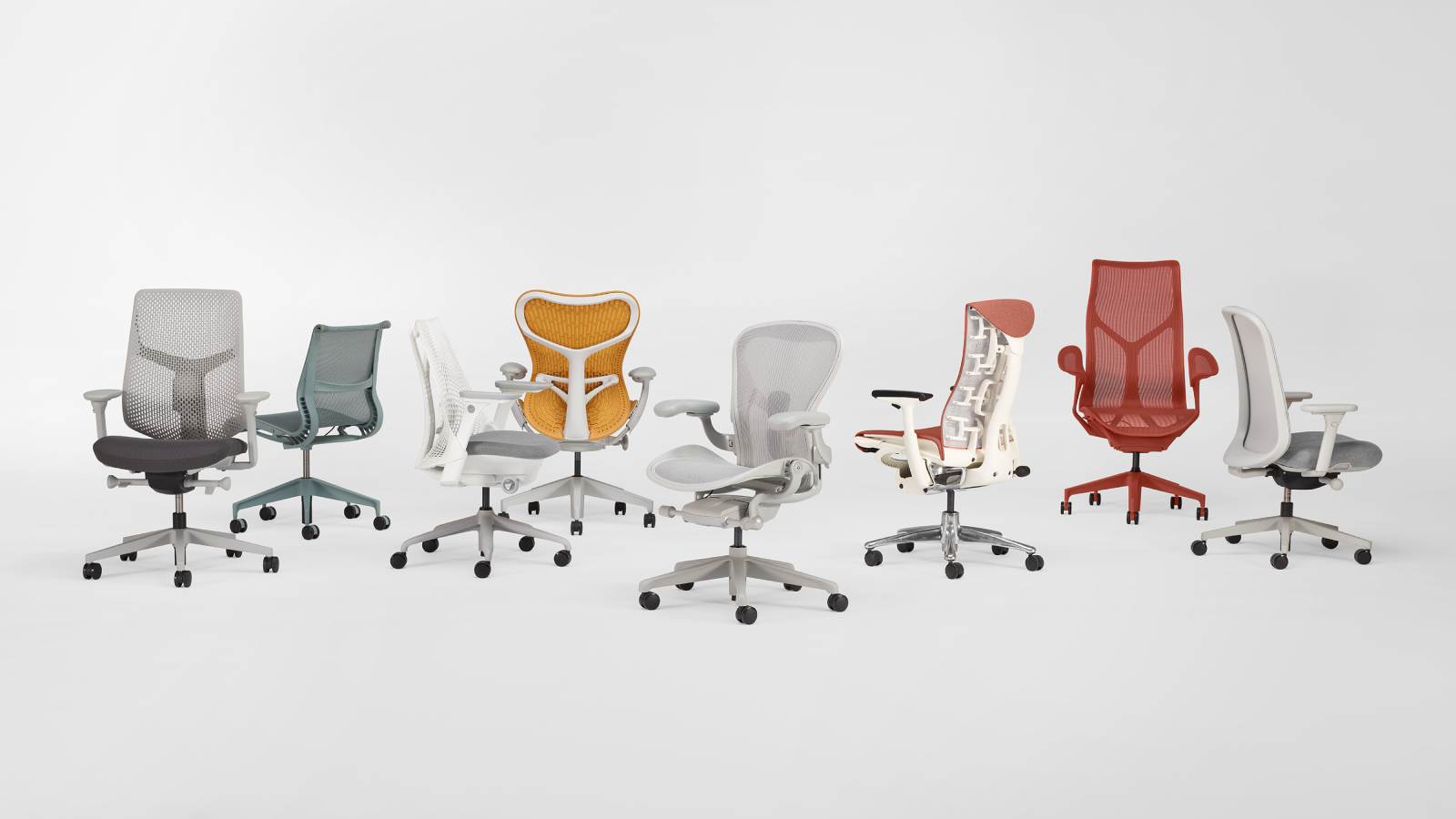 Eight high-performance chairs arranged horizontally. Includes Aeron, Embody, Cosm, Mirra 2, Sayl, Verus, Lino, and Setu.