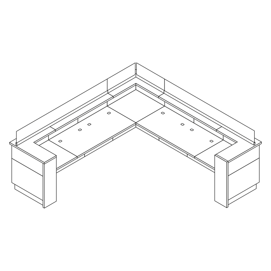 A line drawing of an L-Shaped Commend Nurses Station that is fifty-four inches high, with surface power cutouts and glass screens.