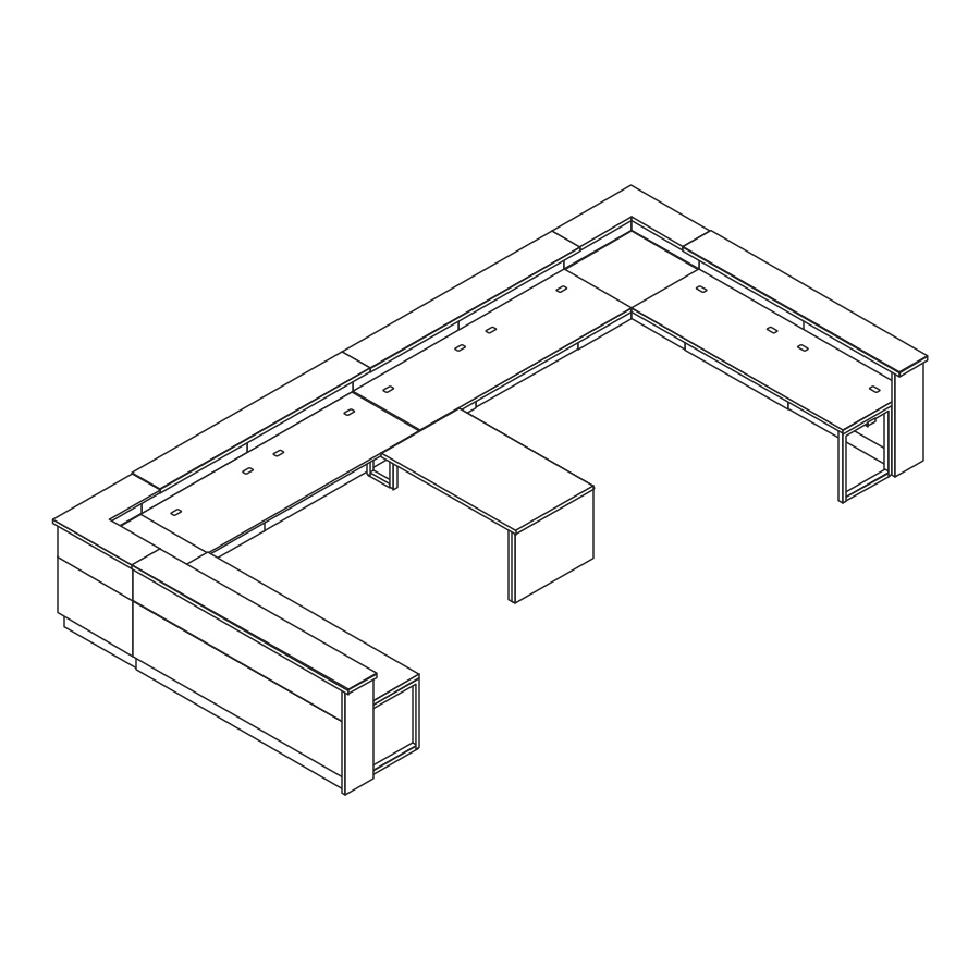 A line drawing of a U-Shaped Commend Nurses Station with a forty-two-inch-high structure and a peninsula work surface.