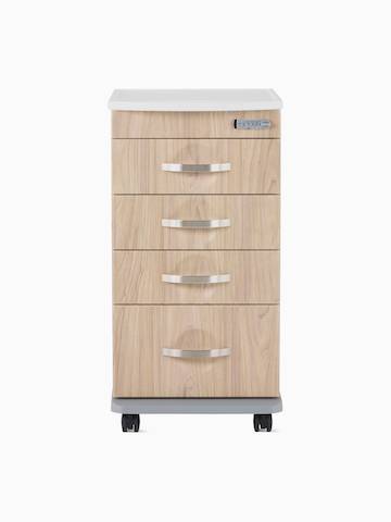 A Compass casework 4-drawer supply cart in a warm elm finish.
