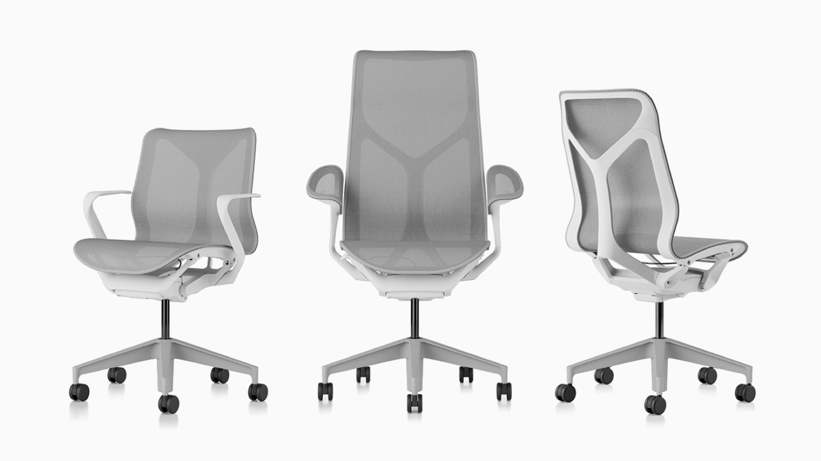 Sedie da scrivania ergonomiche con schienale basso, schienale alto e schienale medio Cosm con basi e cornici in Studio Bianco e materiali di sospensione in Mineral grigio chiaro. Sedie da scrivania ergonomiche con schienale basso, schienale alto e schienale medio Cosm con basi e cornici in Studio Bianco e materiali di sospensione in Mineral grigio chiaro.