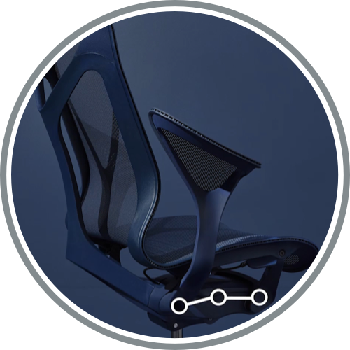 A high-back Cosm office chair with Leaf Arms in Nightfall dark blue. Select to learn more about Cosm's ergonomic design.