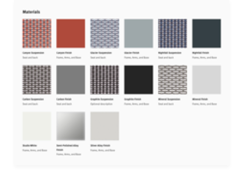 A selection of material swatches in various colors for Cosm. Select to explore the material options offered on Cosm.