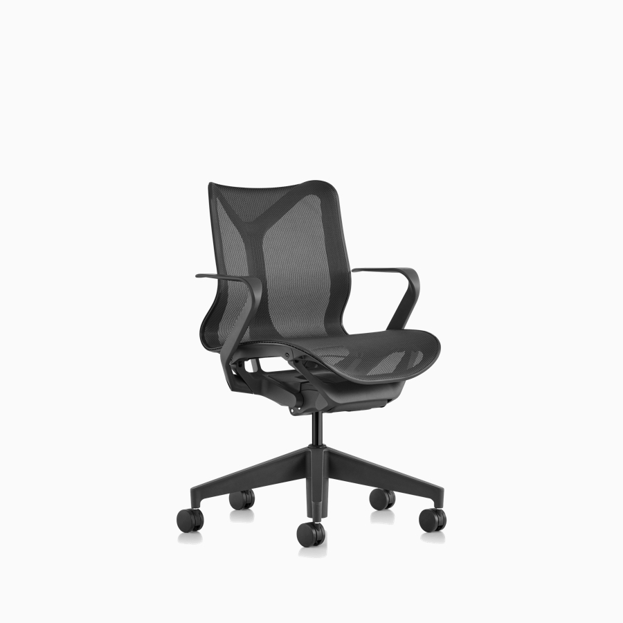 Three quarter front view of a Cosm low-back chair with fixed arms and Graphite gray frame and suspension material.