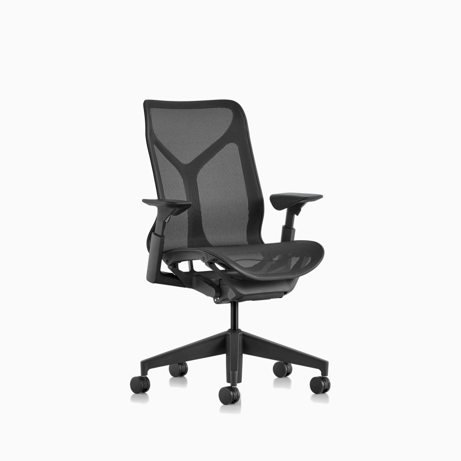 Three quarter front view of a Cosm mid-back chair with height-adjustable arms and Graphite gray frame and suspension material.