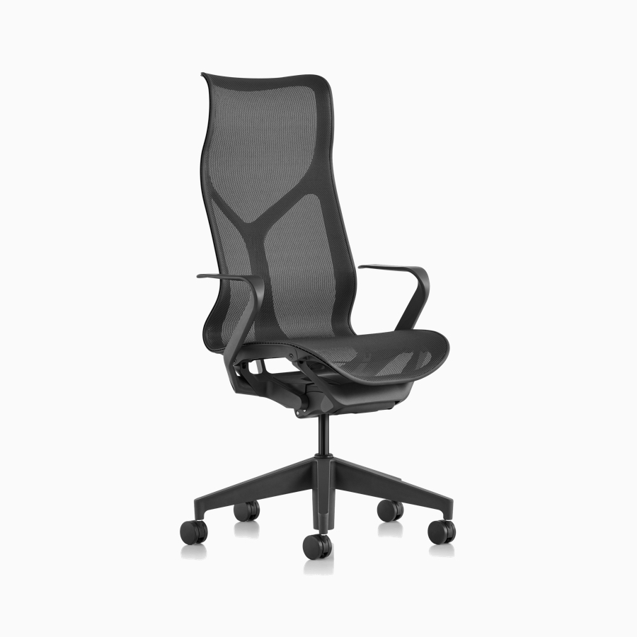 Three quarter front view of a Cosm high-back chair with fixed arms and Graphite gray frame and suspension material.