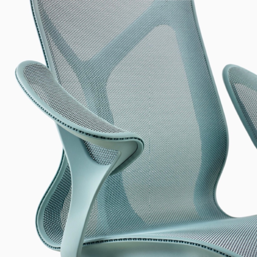 A mid-back Cosm Chair with Leaf Arms and Glacier light blue frame and suspension material.