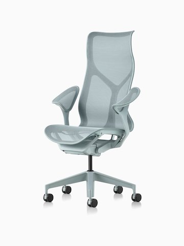 A high-back Cosm Chair with leaf arms in Glacier light blue. Select to go to the Cosm Chairs product page.