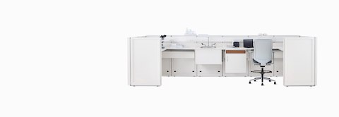 Co/Struc System laboratory bench in soft white with under surface storage, sink, and Verus Stool in light gray.
