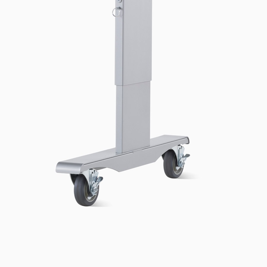 Detail of Co/Struc System mobile work process table with manual height adjustment in a silver finish.