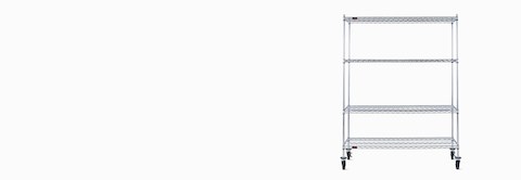 Front view of a wire shelving storage unit on casters with four shelves.