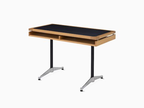 An Eames 2500 Series Executive Desk in oak with black leather inlay.